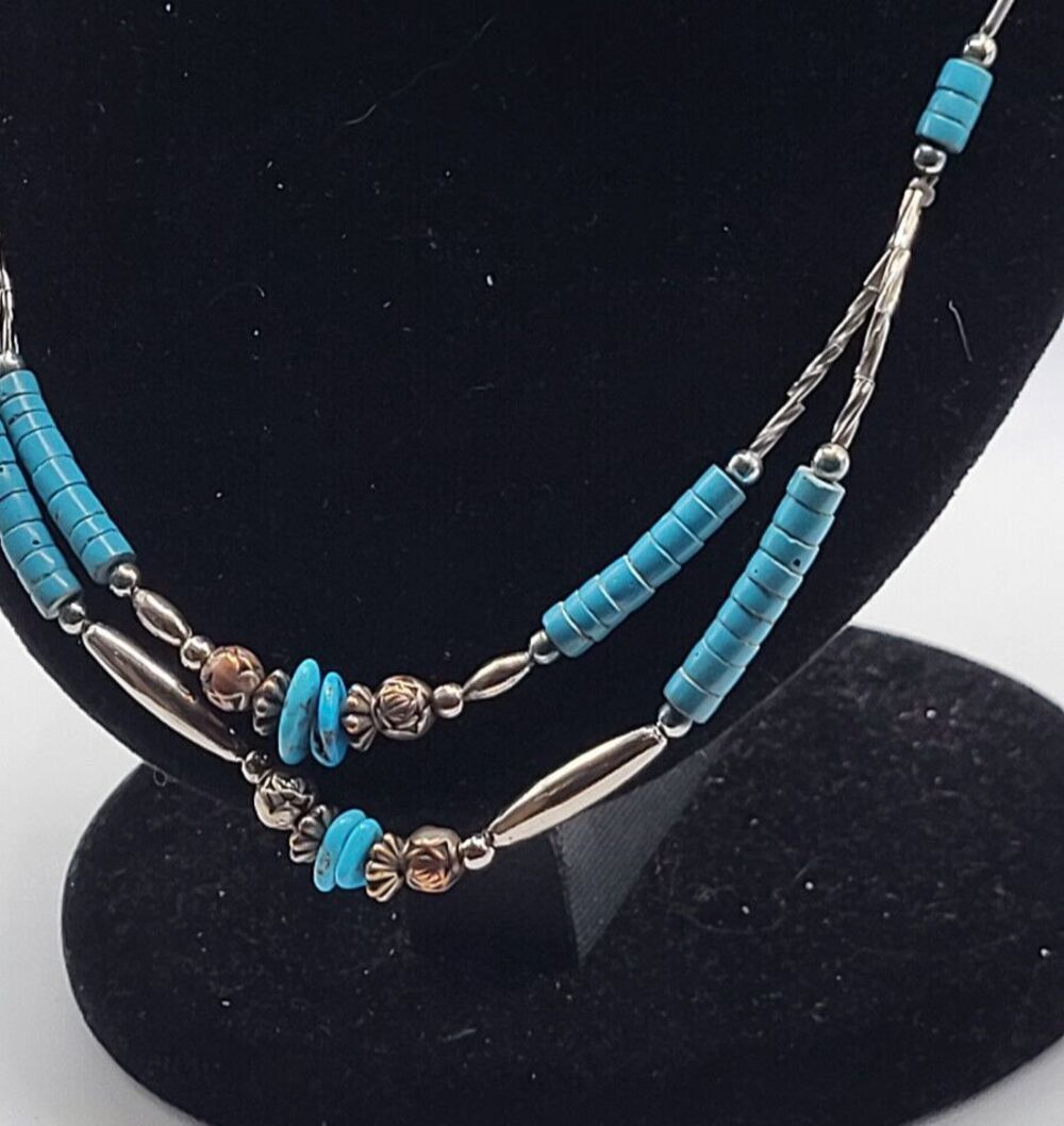 Artisan Made Sterling Silver and Turquoise Beads Two Layer 19.5 in